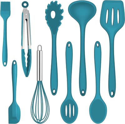 9-delige Silicone Keukenhulp Set, Hittebestendig Keukengerei met Spatel, Garde en Grilltangen, Ideaal voor Koken en Bakken in Blauwe Kleur