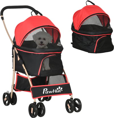 PawHut Hundewagen, 2 in 1 Hundetrolley, Tragetasche, faltbarer Hundebuggy mit Kissen, Katzenwagen für kleine Hunde, Katzen, Katzenbuggy mit 4 Rädern, Netzfenster, Oxfordstoff, Rot
