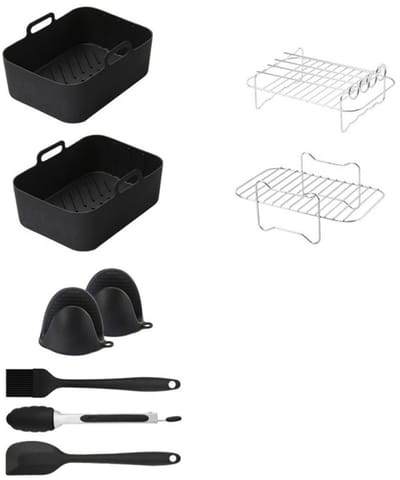 GELLDG Accessoires voor airfryer - Frituurpanaccessoires - Accessoires voor heteluchtfriteuses - Geschikt voor Ninja Foodi AF400EU AF300EU 9,5L en andere airfryers met twee temperatuurzones - BPA-vrij - Siliconen bakplaat - 9-delige set