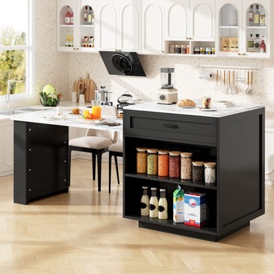 Keukeneiland / Staande Tafel - 133-202x70x93,5 cm - Uitschuifbaar met 2 Laden en 2 Vakken - Geschikt voor 2-6 Personen, Zijplanken - MDF - Zwart