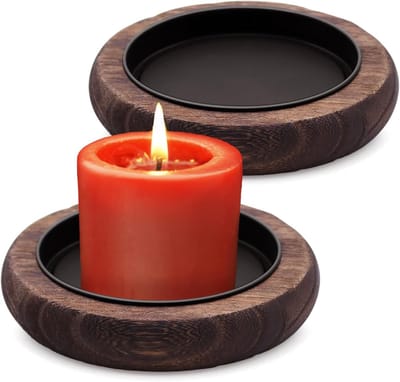 Famanu - Set van 2 ronde houten kaarsenhouders, zwart, decoratief voor stompkaarsen