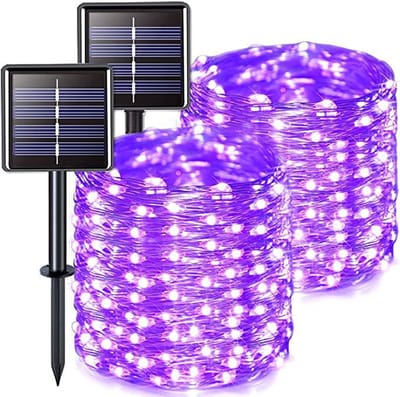 LED-zonnelamp met acht standen, lichtsnoer met sterrenhemel, decoratief lichtsnoer voor buiten, kerstsfeer - paars, 7 meter, 50 lampjes