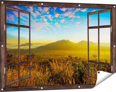 Gards Tuinposter Doorkijk Bergen met Mist in Thailand - 120x80 cm - Tuindoek - Tuindecoratie - Wanddecoratie buiten - Tuinschilderij