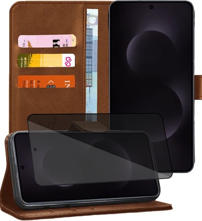 Hoesje geschikt voor Samsung Galaxy S25 Edge - Privacy Screenprotector Volledig Dekkend Glas - Portemonnee Book Case Bruin