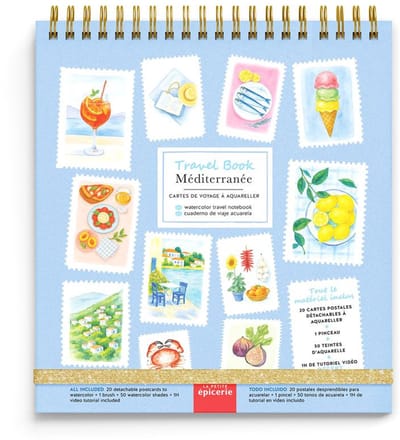 Aquarel Travel Set - La Petite Epicerie Aquarel Travel Book Méditerranée - 13x18cm - Aquarel Reisnotitieboek - 20 ansichtkaarten om te aquarellen 350 gr papier - 1 penseel - 50 aquareltinten