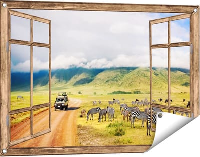 Gards Tuinposter Doorkijk Safari Auto tussen de Zebra's - 90x60 cm - Tuindoek - Tuindecoratie - Wanddecoratie buiten - Tuinschilderij