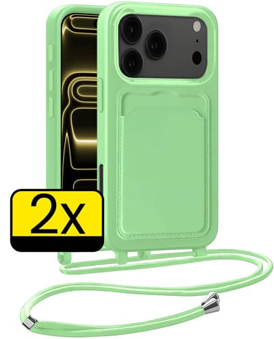 Hoesje Geschikt voor iPhone 17 Pro Telefoonhoesje Met Koord Case Pashouder Siliconen - Hoes Geschikt voor iPhone 17 Pro Hoesje Met Kaarthouder - Groen - 2 Stuks
