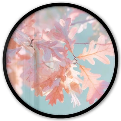 Poster in lijst Rond - Fotolijst 40x40 cm - Posters - Eikenbladeren - Takken - Roze - Ronde posterlijst zwart - Decoratie - Wanddecoratie woonkamer - Muurdecoratie slaapkamer