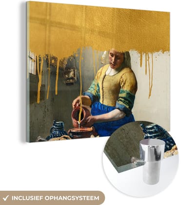 MuchoWow® Glasschilderij 40x30 cm - Schilderij acrylglas - Vermeer - Goud - Melkmeisje - Foto op glas - Schilderijen