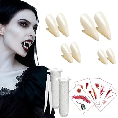 13-delig Vampiertanden Set voor Halloween, Carnavalskostuums, Feestaccessoires en Cosplay, Inclusief 5 Halloween Tattoo Bladen, 4 Pairs Tanden, 2 Hechtdelen en 2 Pincetten