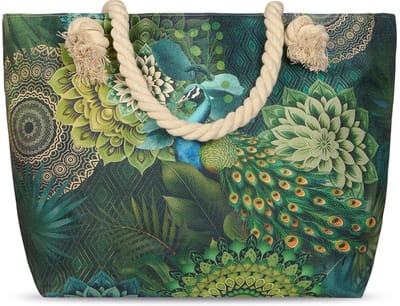 Strandtas met Pauw en Mandala Print - Groen - 43x60 cm - Oeko-Tex Gecertificeerd - Stijlvolle Polyester Strandtas met Touw Handvat