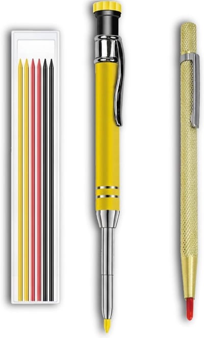 Carpenter Pencils met Ingebouwde Slijper, Diepe Gaten Markers voor Bouwprojecten, 6 Vullingen in 3 Kleuren, Perfect voor Timmerwerk en Constructie