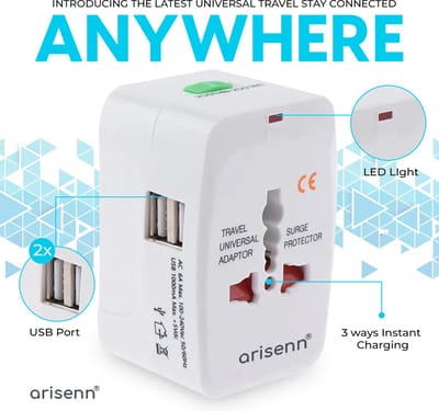 Arisenn® Wereldreiziger + USB : Alles-in-één Reisstekker voor 150+ Landen | USB & AC | Compact & Lichtgewicht | Perfect voor Reis & Thuis | 2 USB ports