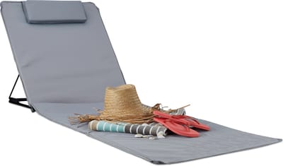 strandmat XXL - gepolsterd - 60x195 cm - met kussen - verstelbare rugleuning - incl. draagtas - grijs