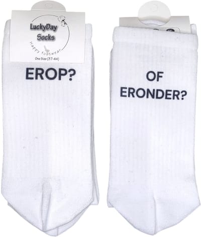 LuckyDay socks- Festival sokken - Opkikkertje - Verjaardag cadeau - Vrolijke sokken - Witte sokken - Tennis sokken - Sport sokken - Party sokken - Valentijns cadeau - Sokken met tekst - Erop eronder - Grappige sokken - Mismatch sokken - Maat 37-44