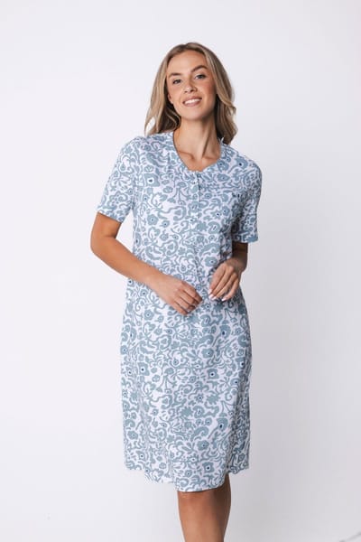 Pastunette - Nachthemd - Stone Blue - Organisch Katoen - Blauw/Wit - Knoopsluiting - Maat 40