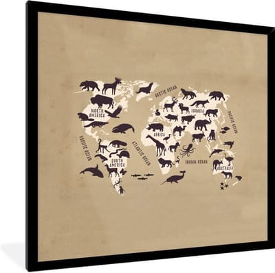 Wereldkaart Kinderen - Dieren - Bruin - Schoolplaat - Kinderkamer - 40x40 cm