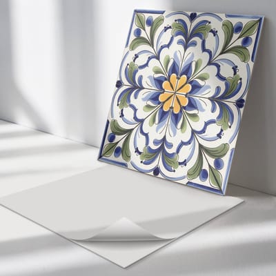Wallfluent Vinyl Tegels - Bloemenkeramiekpatroon Zelfklevende Vinyl Tegels - 30 cm x 30 cm - Blauw Vinyl Tegels - Set van 9 - Vierkant PVC Tegels - Texturen Plaktegels - Vinyl Wandtegels - Plaktegels Keuken en Badkamer