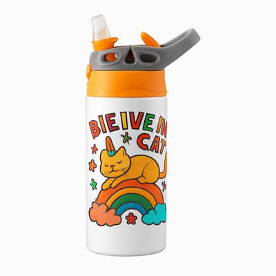 Kleurrijke Popart Drinkfles – Vrolijke Fles voor Creatieve en Artistieke Liefhebbers - Waterfles voor kinderen (wit/oranje)