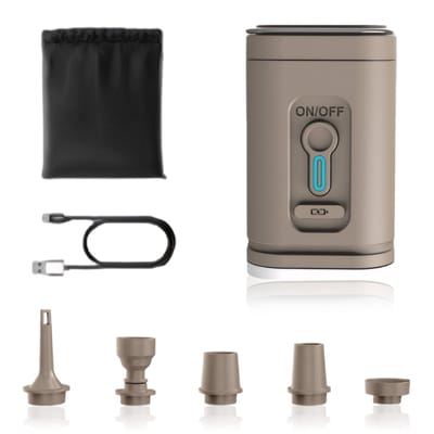 QTTVBTNA - Elektrische Opblaaspomp - 2-in-1 LED Campinglamp - 2400 mAh - Oplaadbare elektrische pomp - Voor luchtbed, opblaasbaar zwembad, zwemring, vacuüm opbergzak - Khaki - 5x5x8,3cm - 1 stuk