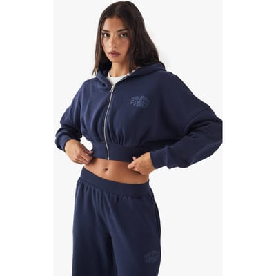 boohoo Dames DSGN Studio Sport Bubble Print Boxy Crop Zip Through Hoodie | Navy | Maat: Large