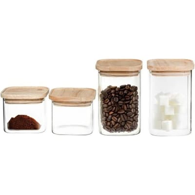 Set van 4 voorraadbussen/voorraadpotten glas met houten deksel - 500 ml - 1000 ml - Voorraadpotten met luchtdichte deksel