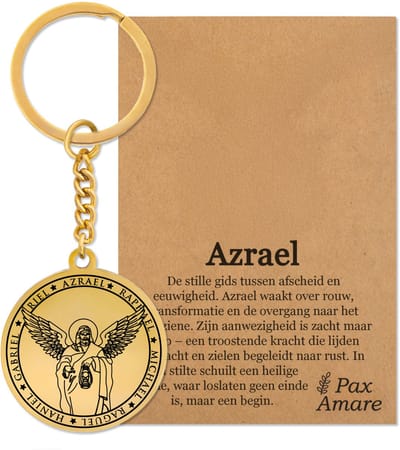 Beschermengel Azraël Sleutelhanger op Cadeau Kaartje – Spiritueel Cadeau van Roestvrij Staal – Goudkleurig – Pax Amare