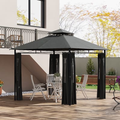 REDOM - Paviljoen - Dubbel Dak - Afneembare Gordijnen - Modern - Tuin - Metaal - Donkergrijs - 2,95 X 2,95 X 2,85 M