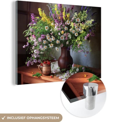 MuchoWow® Glasschilderij 80x60 cm - Schilderij acrylglas - Bloemen - Tafel - Stilleven - Boeket - Vaas - Foto op glas - Muurdecoratie woonkamer - Wanddecoratie slaapkamer - Schilderijen