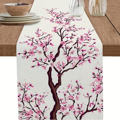 Linnen Tafelloper met Print van Lentebloesems Decoratie voor Feestdagen Zomer Roze Sakura Boom Tafellopers Eettafel Decoratie 150x33cm gray