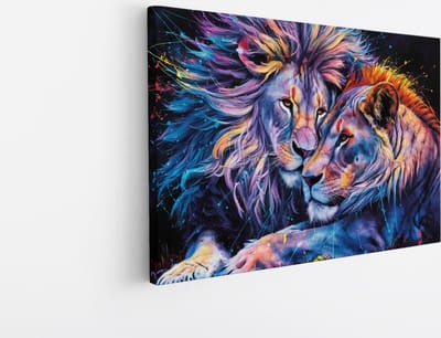 Saammp Canvas Schilderij - Kleurrijk Abstracte Leeuwen koppel - Dieren - Natuur - 45x30 - Foto op canvas - Wanddecoratie - Muurdecoratie Woonkamer - Slaapkamer decoratie - Canvas Print