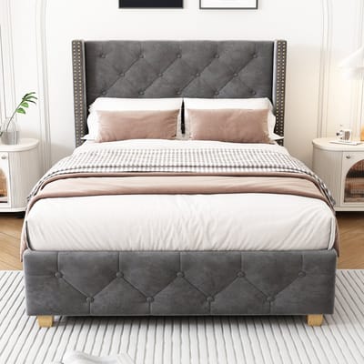 90x200 cm gestoffeerd bed - met lattenbodem en hoofdeinde - met knoopdecoratie - spijkerdecoratie - fluweel - grijs - zonder matras