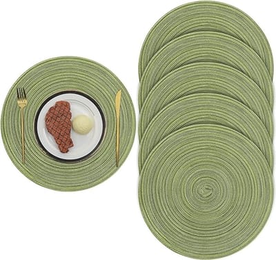Famanu - 38 cm/15 inch Geweven Ronde 6 Stuks Placemats Warmte-isolatie Antislip Gevlochten Katoenen Eettafel Matten Wasbare Placemats voor Thuisfeest Bruiloft Restaurant (Groen)