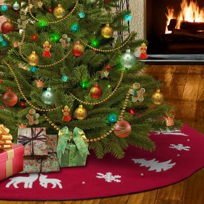 Dailygoods- Kerstboomrok 48 inch - Gebreid met Kralen - Sneeuwvlok/Eland Borduursel - Driedimensionaal/Wasbaar - Luxe Kwaliteit - Drie Riemen voor Aanpassing - Kersttapijt