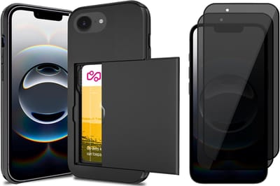 Hoesje met Pasjeshouder geschikt voor iPhone 16e - 2x Privacy Screen Protector FullGuard - Back Cover SlideCase Zwart & Screenprotector