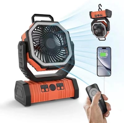 Draagbare campingventilator met hoge capaciteit, afstandsbediening, verlichting, dubbele haken en grote luchtstroom – Ventilator, los apparaat, draadloos, batterijloos, draagbaar (oranje).