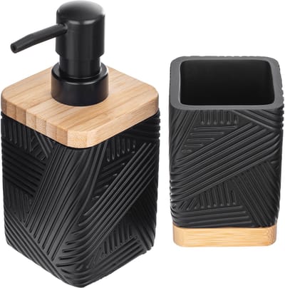 KADAX Set van 2 voor badkamer, tandenborstelbeker en afwasmiddeldispenser, decoratieve tandenborstelbeker, moderne zeepdispenser voor afwasmiddel (vierkant, zwart)