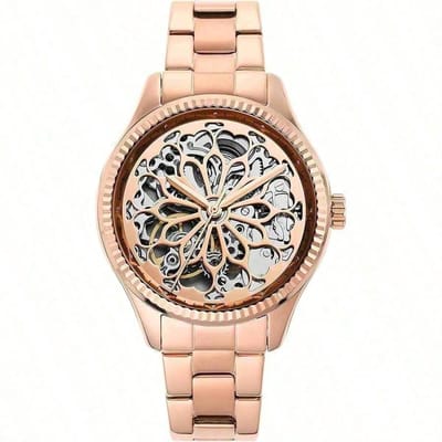Montre squelette automatique Fossil Rye à cadran argenté et bracelet en acier argenté pour femmes -BQ3754 rose or