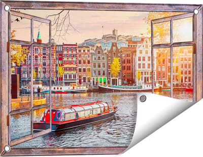 Gards Tuinposter Doorkijk Amsterdamse Huisjes vanaf de Grachten - 60x40 cm - Tuindoek - Tuindecoratie - Wanddecoratie buiten - Tuinschilderij