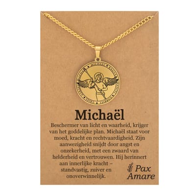 Beschermengel Michaël Ketting op Cadeau Kaartje - Goudkleurig - Aartsengel Talisman / Medalion - Stainless Steel Engelen Hanger - 60cm