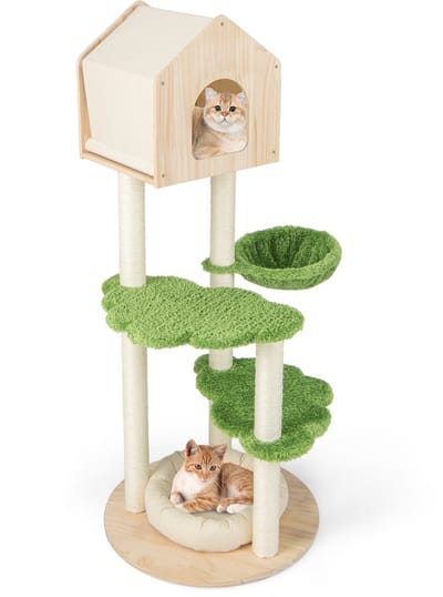 COSTWAY 139 cm krabpaal van hout, kattenkrabpaal met kattenhuis & hangmat & wasbaar kattenbed, kattenboom, kattensisal, activiteitsboom, klimboom, kattenmeubel, kittens, groen