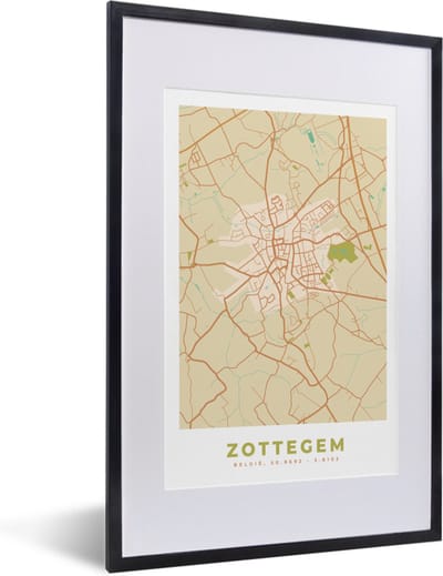 Fotolijst incl. Poster - Kaart - Retro - Plattegrond - Stadskaart - Zottegem - 40x60 cm - Posterlijst
