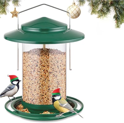 Famanu – Vogelvoederhuis - metalen vogelhuisje om op te hangen - voederhuis voor vogels met voerschaal - 6 voeropeningen - 18 cm weerbestendig dak - hele jaar door vogelvoeding - voedersilo voor wilde vogels