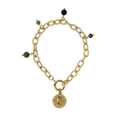 My Bendel - Schakelarmband Goudkleurig met Muntbedel en Moss Agate Edelsteen - Goudkleurige Schakelarmband met Moss Agate Kralen - met Luxe Cadeauverpakking | Sieraden Voor Dames