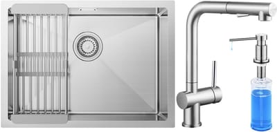 CECIPA max Spoelbak Keuken 60X44CM - Spoelbakken Keuken Met Keukenkraan met Uittrekbare Uitloop en Zeepdispenser 300ML - Enkele spoelbak - Gootsteen van roestvrij staal - Incl. Sifon en Afvoerzeefje