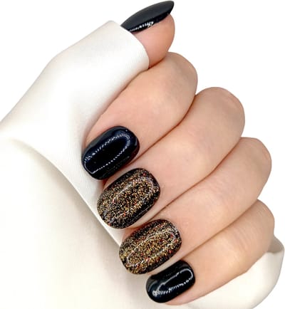 Press on Nails - Zwart Glitter Goud - Plaknagels Feestdagen - XS Kort Naturel Nageltips - SD Press on Nails - Nagelset B-166