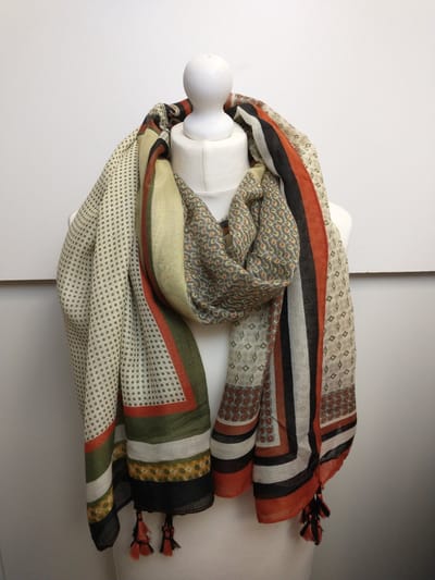 Lange dames sjaal Anna fantasiemotief geel bruin zwart almond grijs groen beige