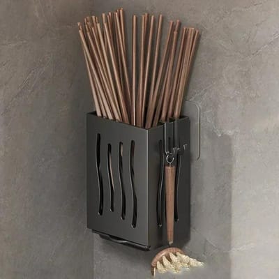 1-Delig Keukengerei Rek-Multifunctionele Afdruip-Eetstokjeshouder, Wandmontage of Vrijstaand Bestek Opbergdoos, Plastic black