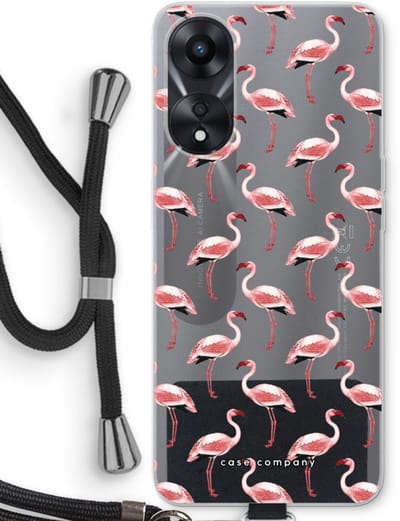 Case Company® - Hoesje met koord geschikt voor Oppo A78 5G hoesje met Koord - Flamingo - Telefoonhoesje met Zwart Koord - Bescherming aan alle Kanten en Over de Schermrand