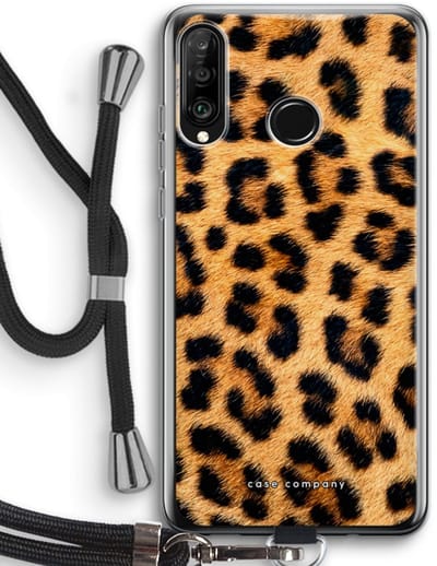 Case Company® - Hoesje met koord geschikt voor Huawei P30 Lite hoesje met Koord - Luipaard - Telefoonhoesje met Zwart Koord - Bescherming aan alle Kanten en Over de Schermrand